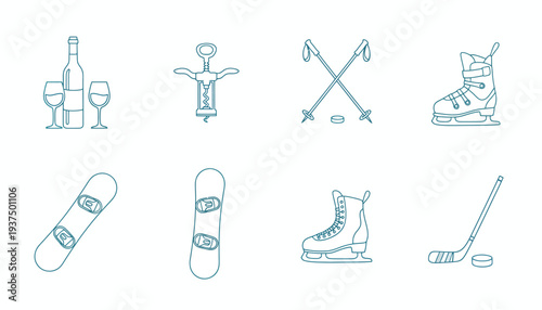 Collection of Sports and Leisure Icons Featuring Winter Sports and Entertainment.