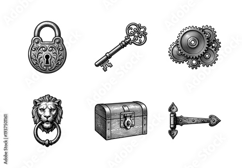 Set of vintage engraving illustrations featuring ornate padlock, antique key, clockwork gears, lion door knocker, treasure chest, and decorative hinge.