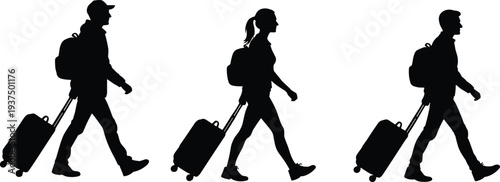 Travelers walking with suitcase silhouettes collection featuring men and women with backpacks and luggage isolated on white background travel concept