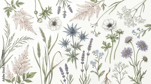 Delicate floral elements and wildflowers in soft pastel shades.