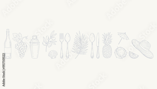 Line art illustration of cocktail ingredients and utensils on white background.