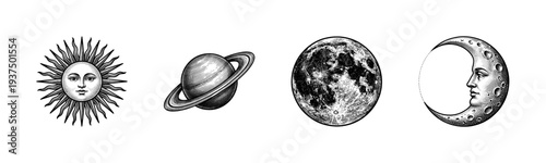 Vintage celestial engraving collection featuring a sun with face, ringed planet, full moon, and crescent moon in a black and white woodcut style