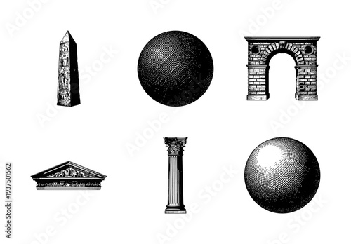 Set of vintage architectural and geometric elements featuring ancient monuments, classical columns, masonry arches, and shaded spheres in a woodcut engraving style.