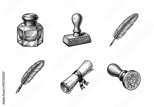 Vintage stationary collection featuring antique inkwell, quill pens, wax seal stamp, and rolled parchment scroll in a detailed woodcut engraving style