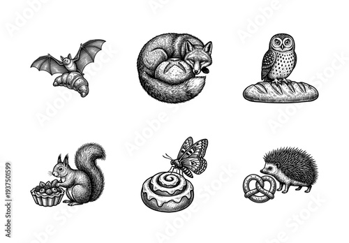 Vintage engraving style collection of forest animals paired with various bakery items and pastries on a white background