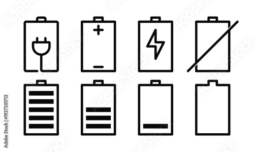 Line Art Battery Icons with Charging Plug Polarity