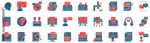 Language Learning dual tone style icon collection. Vector illustrations. Pronunciation, Teacher, Countries, Material, Vocabulary, Study. Pro Vector