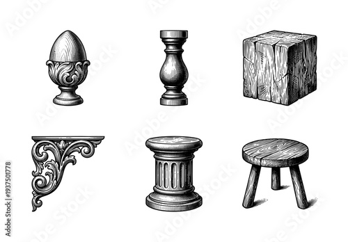 Set of vintage woodcraft and architectural elements in hand drawn engraving style