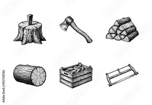 Vintage engraving style collection of woodcraft and forestry equipment featuring axes, logs, hand saws, and timber crates