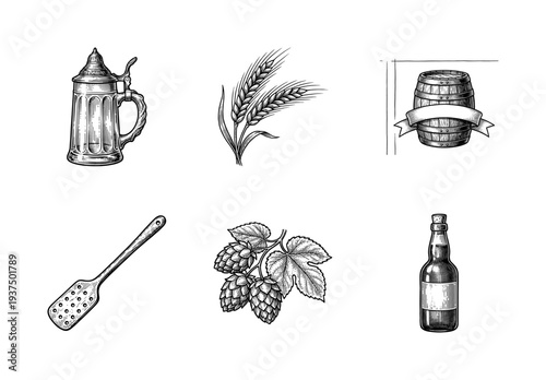 Vintage brewery illustration set featuring traditional beer steins, barley stalks, wooden barrels, hops, and glass bottles in a classic woodcut etching style.
