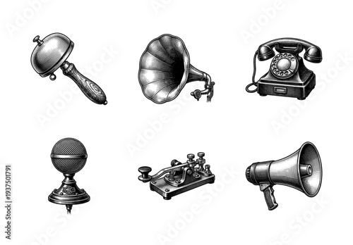 Vintage communication technology collection featuring hand bell, gramophone, rotary telephone, microphone, telegraph key, and megaphone in engraved woodcut style.