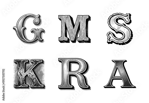 Set of vintage engraved capital letters in woodcut and etching styles featuring ornate serif typography and decorative hatching