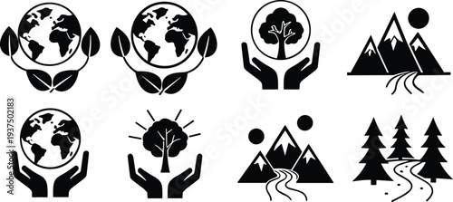 Mountain range silhouettes, snowy peak icons, ecology earth globes, forest nature landscape, minimalist outdoor adventure travel, wilderness rock summits vector illustration