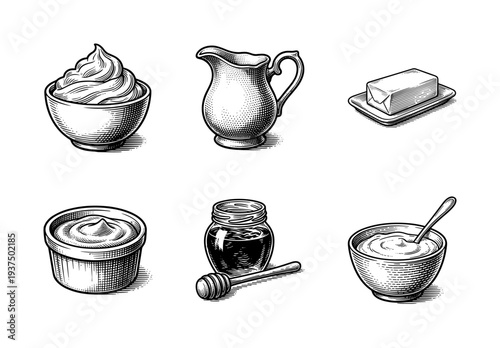 Vintage engraving style collection of dairy products and condiments featuring butter, honey, cream, and yogurt in rustic containers.