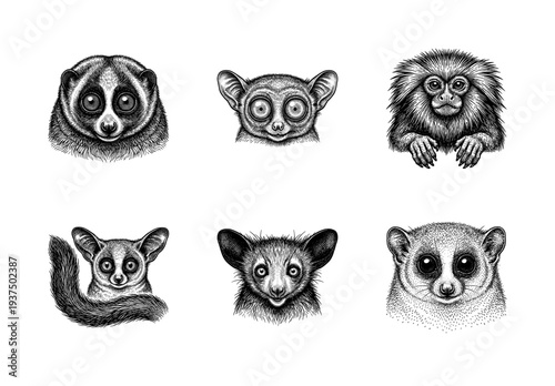 Set of vintage engraving style primate and prosimian heads including lemur tarsier and galago illustrations