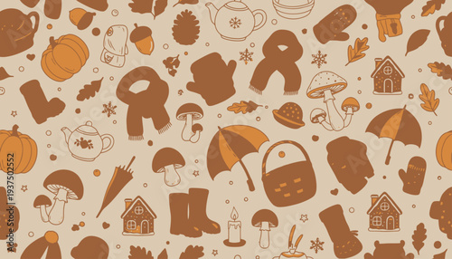 Autumn-themed seamless pattern with cartoon illustrations of leaves, mushrooms, and seasonal objects.