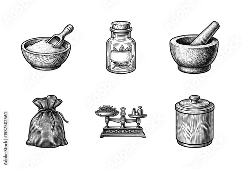 Vintage engraving style collection of apothecary and spice shop icons including mortar pestle scales and storage containers