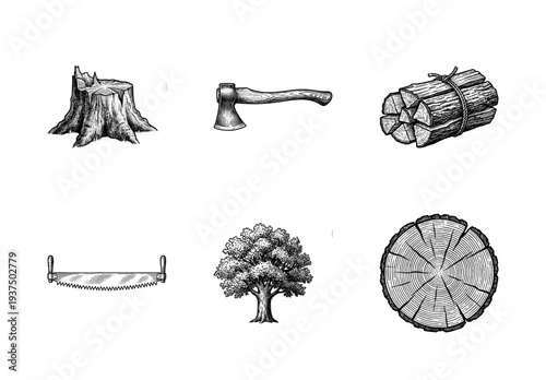 Vintage engraving style woodcutting collection featuring timber industry icons like tree stump, axe, firewood bundle, saw, oak tree, and cross section log.