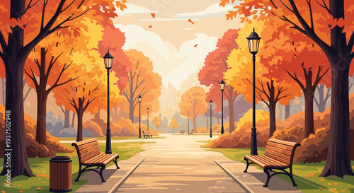 Autumn Trees and Benches in Park Pathway.