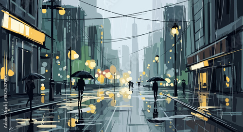 City Street Scene with Rainy Weather Conditions.