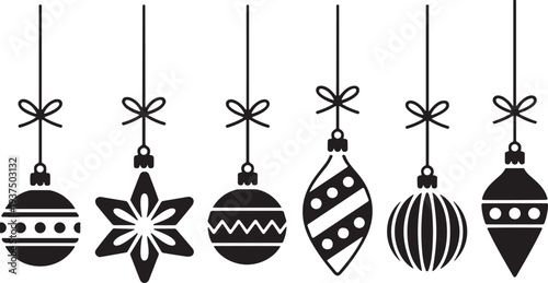Christmas hanging ornaments silhouette set, decorative holiday baubles and star ornament vector illustration isolated on white background for winter celebration design