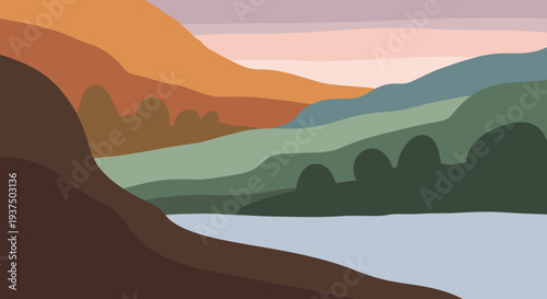 Serene Landscape with Rolling Hills and Lake.