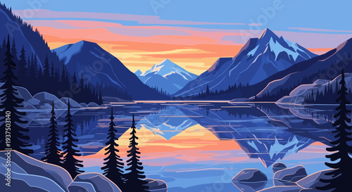 Serene Lake Landscape with Mountains at Sunset.