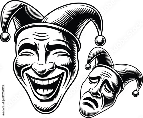 Comedy and tragedy theater masks vintage engraving style vector illustration, classic drama symbol with smiling and sad jester faces isolated on white background