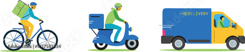 Delivery service transportation set with courier riding bicycle, scooter, and delivery truck, modern logistics shipping concept vector illustration isolated on white background