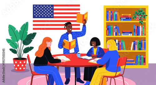 English Language Day Group of diverse people engaged in a lively educational discussion around a table, with books and an American flag in the background, fostering a sense of community and learning