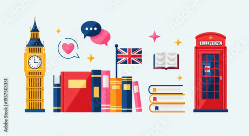 English Language Day Vibrant Collection of British Cultural and Educational Symbols, Showcasing English Language Learning and Iconic UK Landmarks for International Students and Travelers
