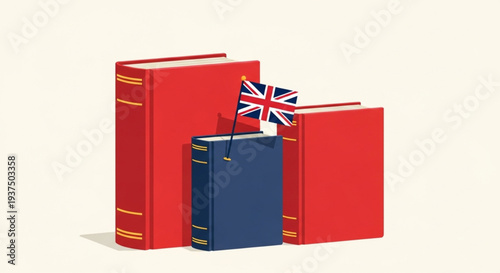 English Language Day academic texts, prominently featuring a British national flag, signifying studies in UK law, history, language, and cultural understanding