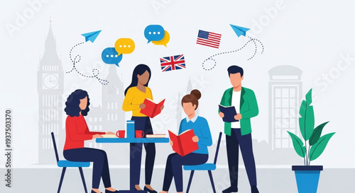 English Language Day Engaged young people mastering new languages through collaborative study, illustrated with international symbols representing global education and intercultural communication