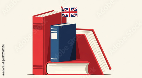 Illustrative depiction of a stack of red and blue books topped with a small British flag, symbolizing language learning and British culture