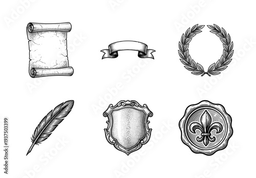 Vintage heraldic collection of engraved scroll ribbon laurel wreath quill shield and fleur de lis icons