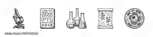 Set of vintage woodcut style scientific and biological illustrations featuring a microscope, ancient tablet, laboratory glassware, botanical scroll, and cell anatomy