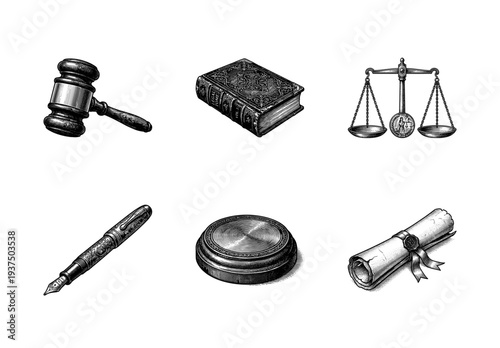 Vintage engraving style legal icons set featuring gavel, scales of justice, law book, fountain pen, and wax sealed scroll on white