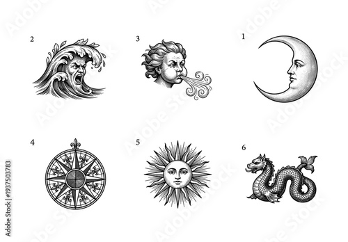 Vintage nautical woodcut illustration set featuring a crescent moon, storm wave, wind god, compass rose, celestial sun, and sea serpent in a classic engraving style.