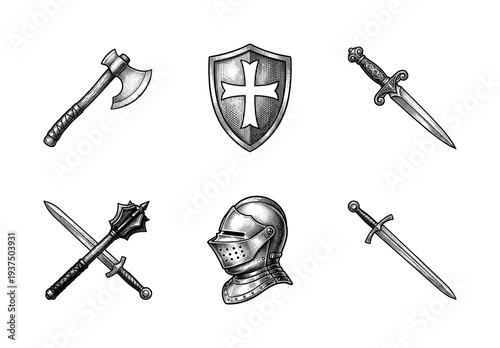 Medieval knight armor and weapon set featuring vintage woodcut style engraving of sword shield helmet mace and axe