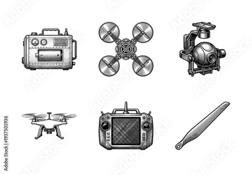 Vintage style engraving collection of drone technology components featuring quadcopters remote controllers camera gimbals and propeller blades in monochrome line art