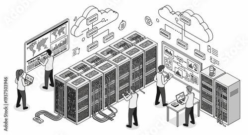 Data Center Servers and IT Professionals Working 7.