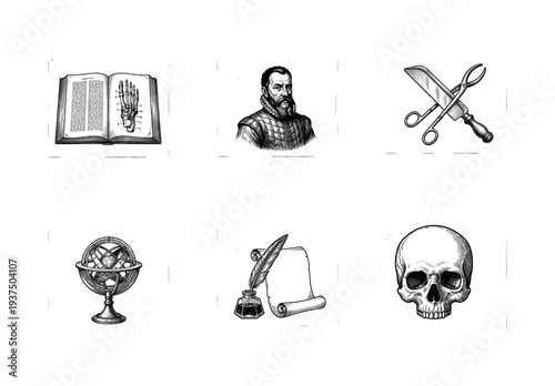Vintage medical and scientific engraving collection featuring anatomical skeletal hand book, renaissance portrait, surgical tools, armillary sphere, quill, and skull.