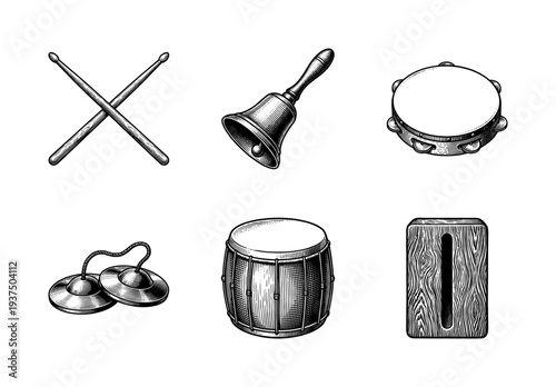 Set of vintage engraved percussion instruments including drum, tambourine, bell, and hand cymbals in woodcut style.