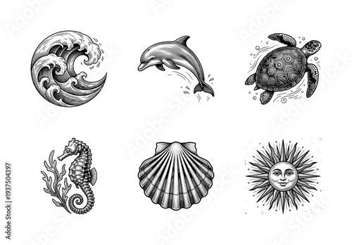 Set of black and white woodcut style engravings featuring ocean life and celestial elements including a dolphin, sea turtle, seahorse, wave, shell, and sun