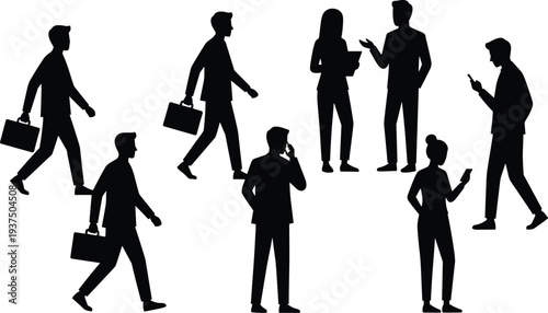 Business people silhouettes collection showing professionals walking, talking on phone and discussing isolated on white background corporate lifestyle concept