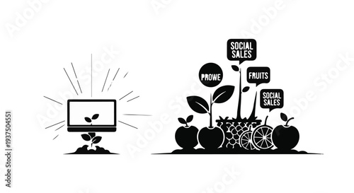 Black Friday social media sale icons with fruit and computer