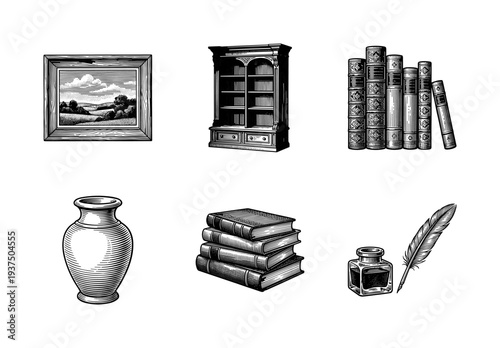 Vintage library and study set featuring woodcut style illustrations of a bookshelf, landscape painting, classic books, ceramic vase, and quill with inkwell