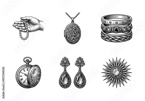 Vintage engraving style jewelry and accessory collection featuring pocket watch, locket, earrings, pearl necklace, and rings.