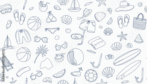 Collection of Hand Drawn Beach and Summer Icons.