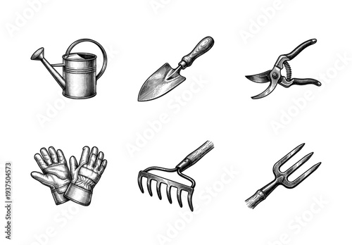 Vintage engraving style collection of essential gardening tools including watering can, trowel, pruners, gloves, rake, and hand fork.